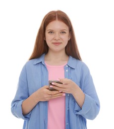 Photo of Beautiful teenage girl with smartphone on white background