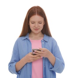 Photo of Beautiful teenage girl using smartphone on white background