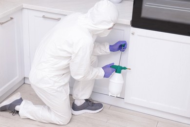 Photo of Pest control worker in protective suit spraying insecticide at home