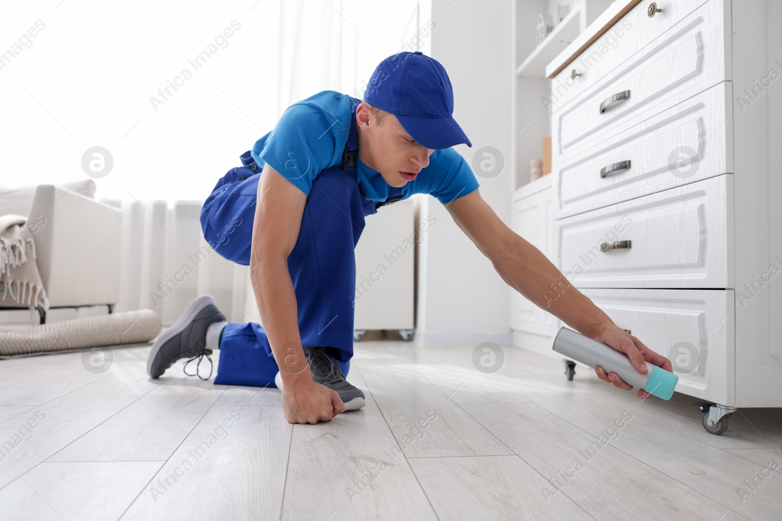Photo of Pest control worker spraying insecticide at home