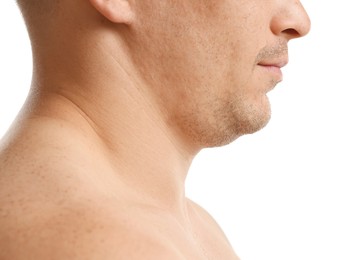 Photo of Man with double chin on white background, closeup
