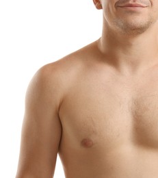 Photo of Man standing on white background, closeup view