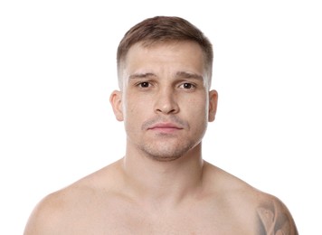 Photo of Handsome man after shaving on white background