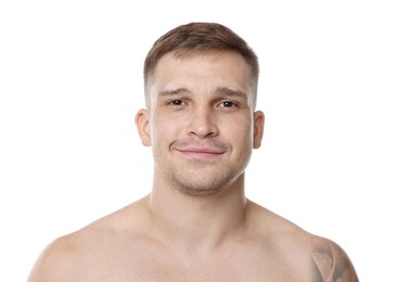 Photo of Handsome man after shaving on white background