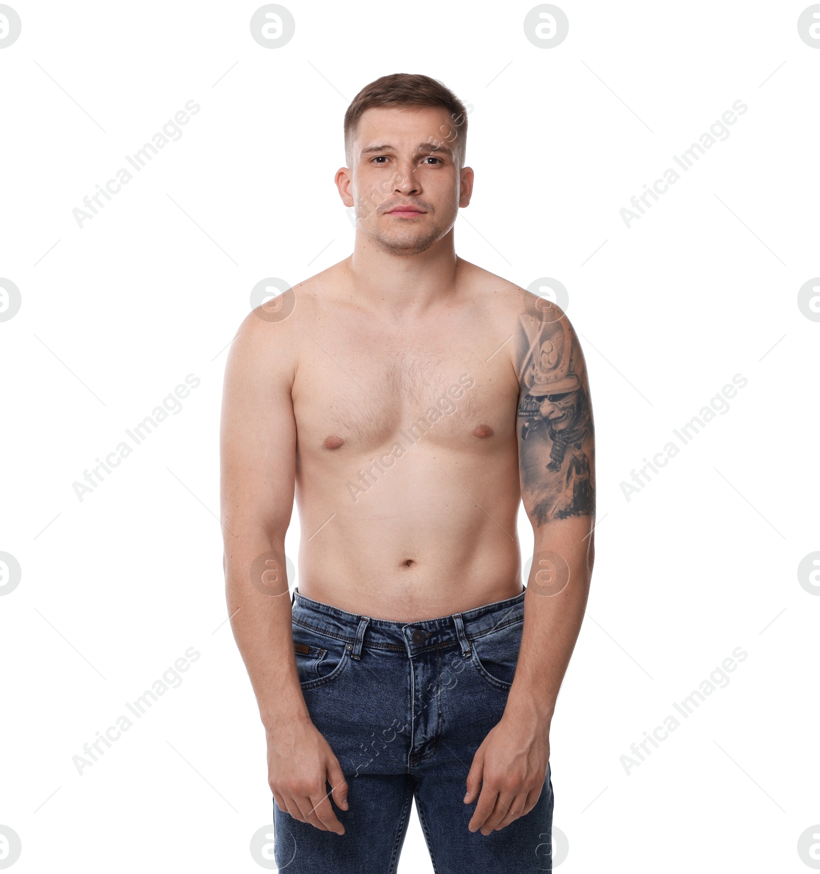 Photo of Man with bad posture on white background
