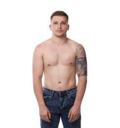 Photo of Man with bad posture on white background