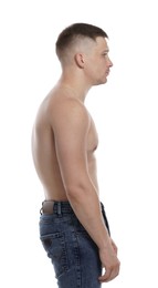 Photo of Man with bad posture on white background