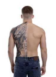 Photo of Man with tattoos standing on white background, back view