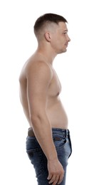 Photo of Man with bad posture on white background