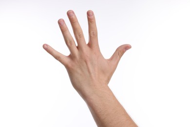 Photo of Man showing hand on white background, closeup