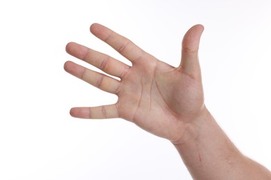 Photo of Man showing hand on white background, closeup
