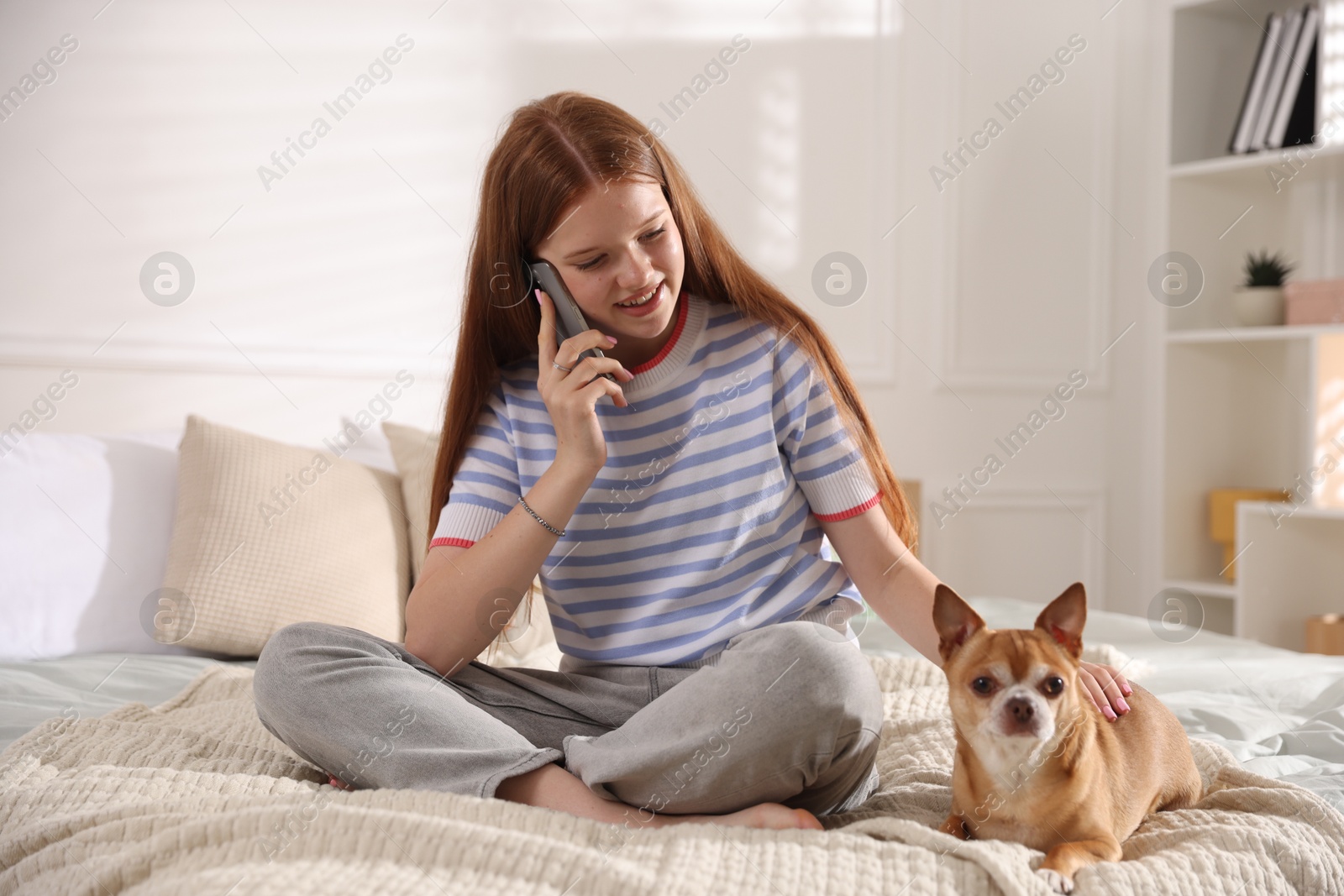 Photo of Smiling teenage girl talking by smartphone and dog on bed at home