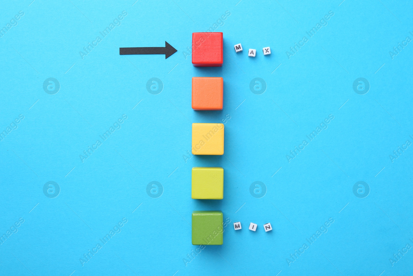 Words Min and Max, colorful cubes and arrow pointing at red one on light blue background, flat lay Photo of Words Min and Max, colorful cubes and arrow pointing at red one on light blue background, flat lay