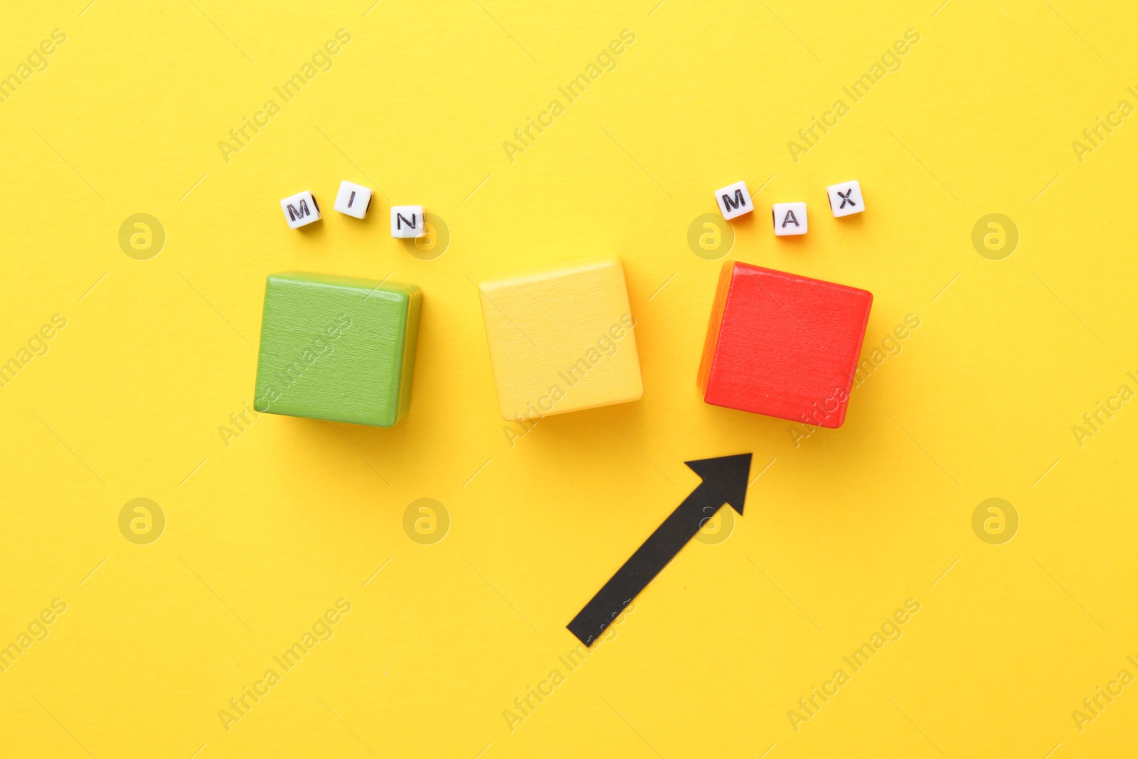 Words Max and Min, cubes and arrow pointing at red one on yellow background, flat lay Photo of Words Max and Min, cubes and arrow pointing at red one on yellow background, flat lay