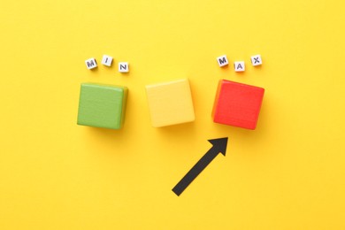 Photo of Words Max and Min, cubes and arrow pointing at red one on yellow background, flat lay
