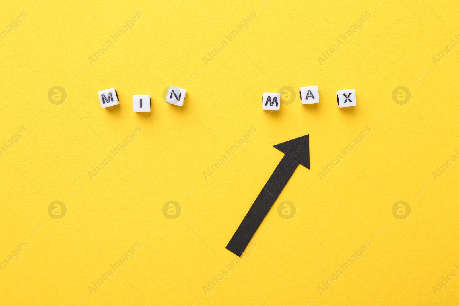 Words Min and Max made of beads with letters and arrow on yellow background, flat lay Photo of Words Min and Max made of beads with letters and arrow on yellow background, flat lay