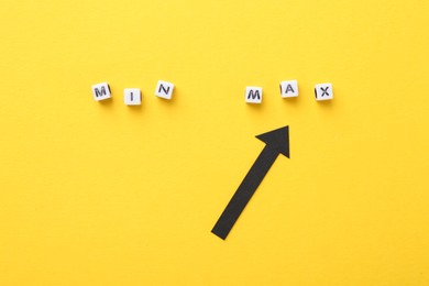 Photo of Words Min and Max made of beads with letters and arrow on yellow background, flat lay