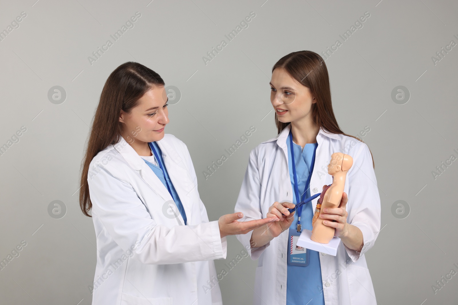 Medical students with human body model on light grey background Photo of Medical students with human body model on light grey background