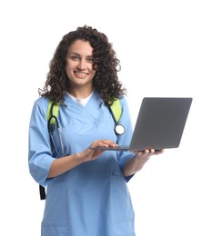 Photo of Medical student with laptop on white background