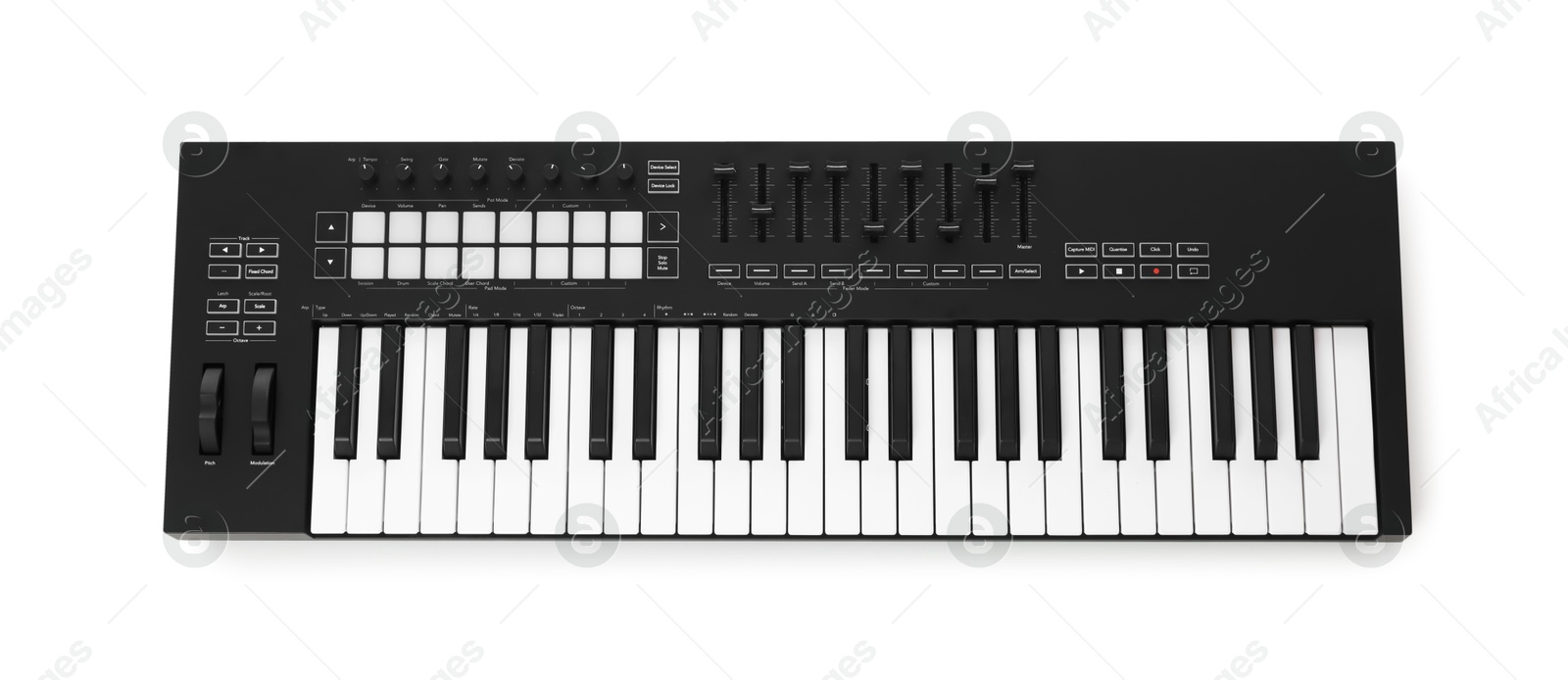 Photo of One portable MIDI keyboard isolated on white, top view
