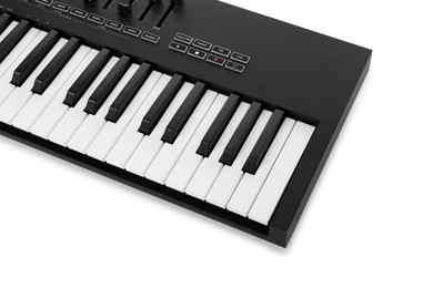 Photo of One portable MIDI keyboard isolated on white, above view