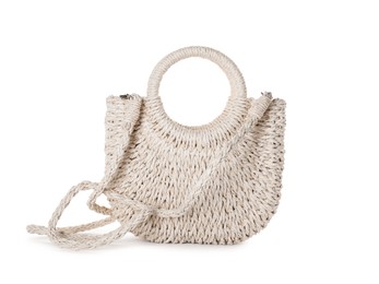 Photo of Stylish knitted beach bag isolated on white