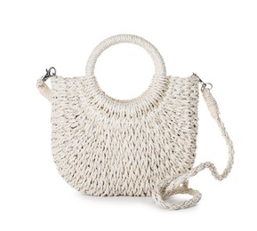 Photo of Stylish knitted beach bag isolated on white