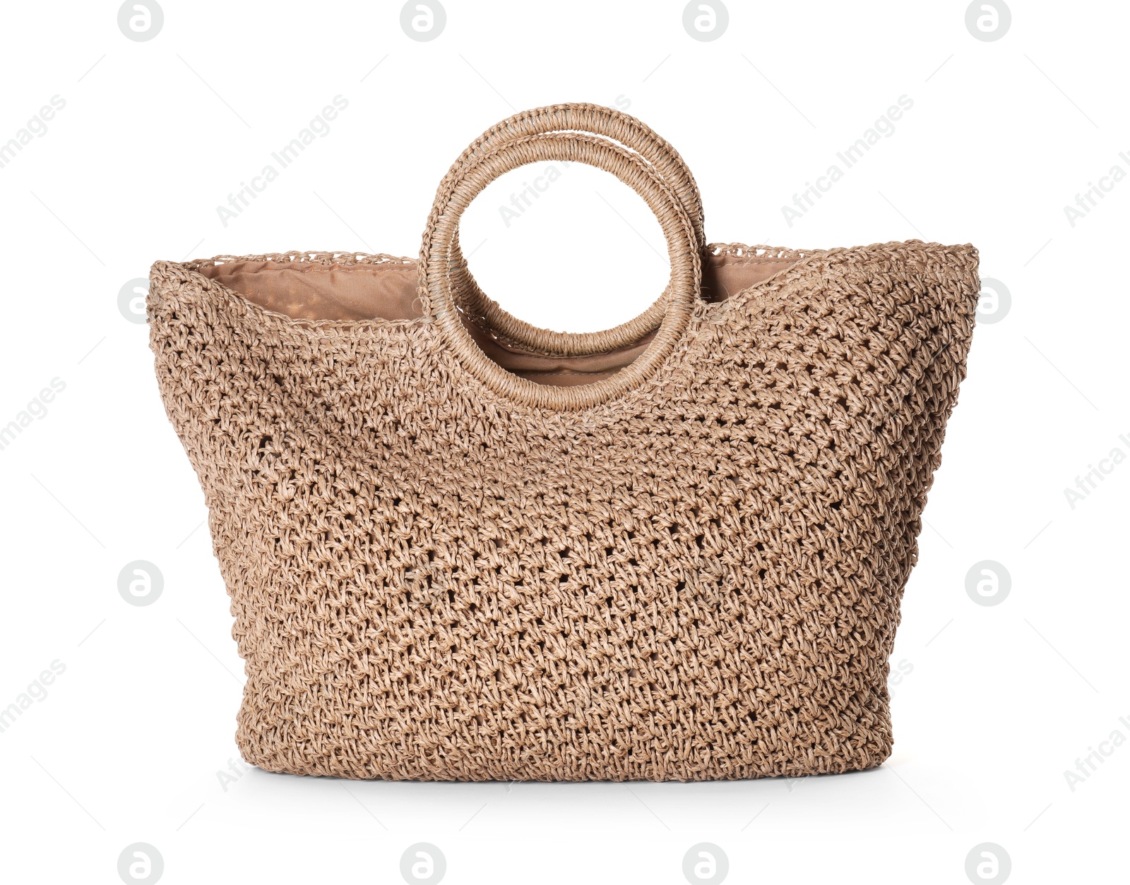 Stylish knitted beach bag isolated on white Photo of Stylish knitted beach bag isolated on white