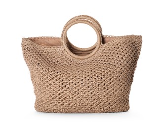 Photo of Stylish knitted beach bag isolated on white