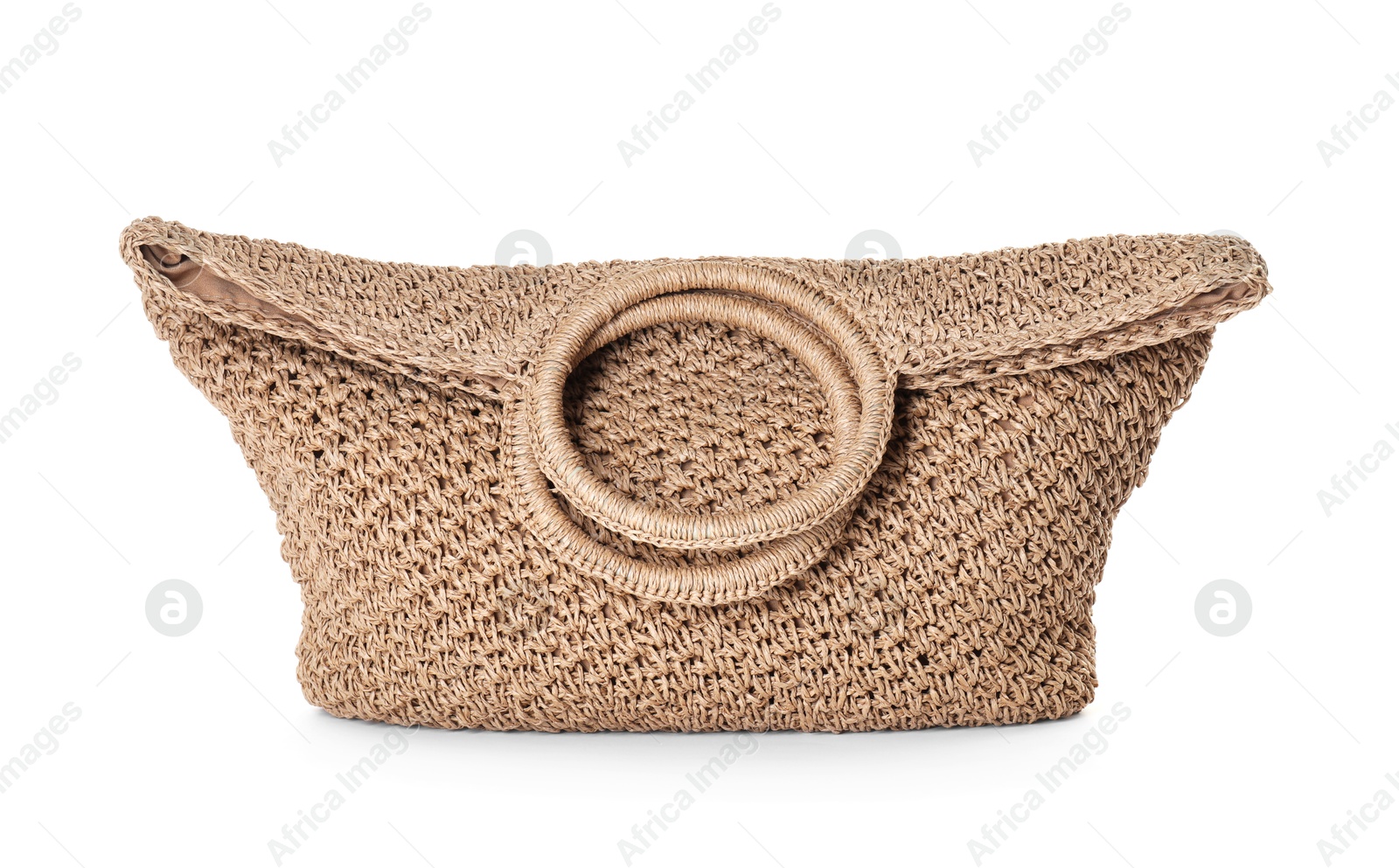 Stylish knitted beach bag isolated on white Photo of Stylish knitted beach bag isolated on white