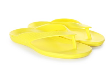Photo of Yellow flip-flops isolated on white. Beach accessory