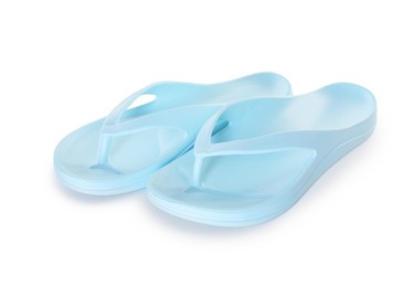 Photo of Blue flip-flops isolated on white. Beach accessory