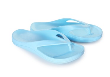 Photo of Blue flip-flops isolated on white. Beach accessory