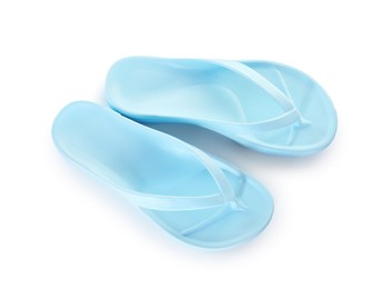 Photo of Blue flip-flops isolated on white, top view. Beach accessory