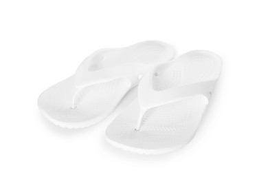 Photo of Stylish flip-flops isolated on white. Beach accessory