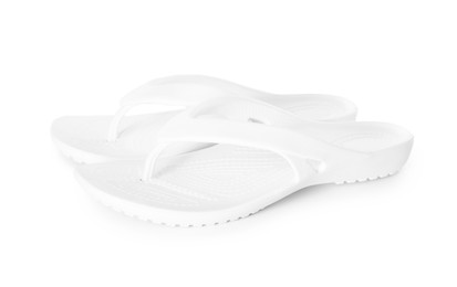 Photo of Stylish flip-flops isolated on white. Beach accessory