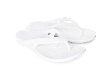 Photo of Stylish flip-flops isolated on white. Beach accessory