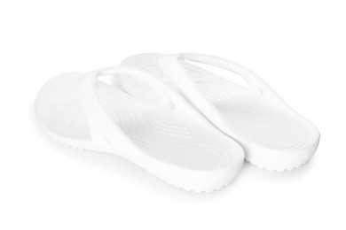 Photo of Stylish flip-flops isolated on white. Beach accessory