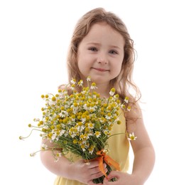 Photo of Cute little girl with bouquet of beautiful chamomile flowers on white background