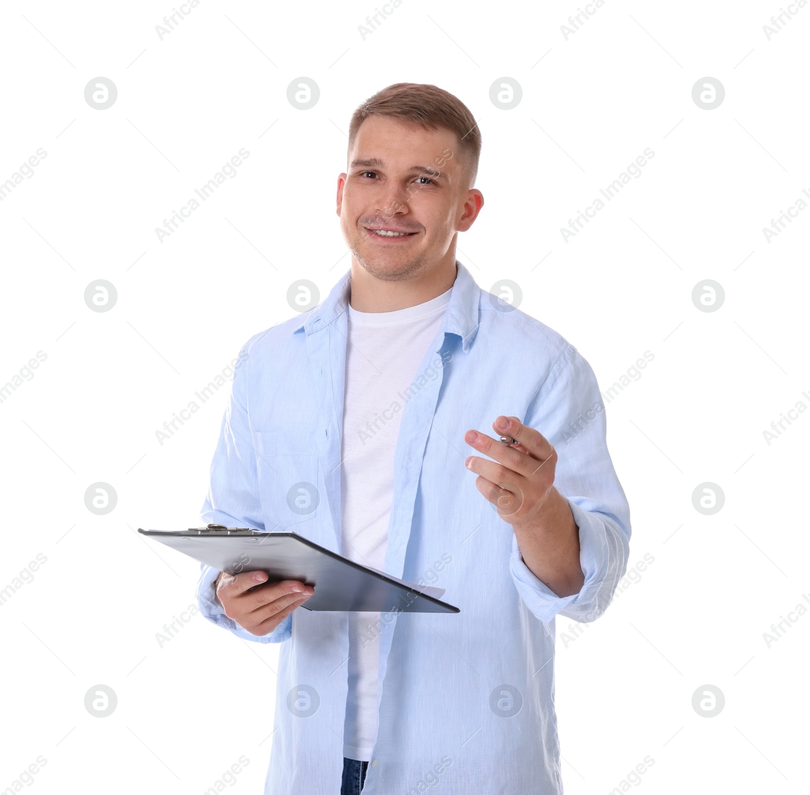 Photo of Portrait of smiling psychologist with clipboard on white background