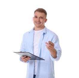 Photo of Portrait of smiling psychologist with clipboard on white background