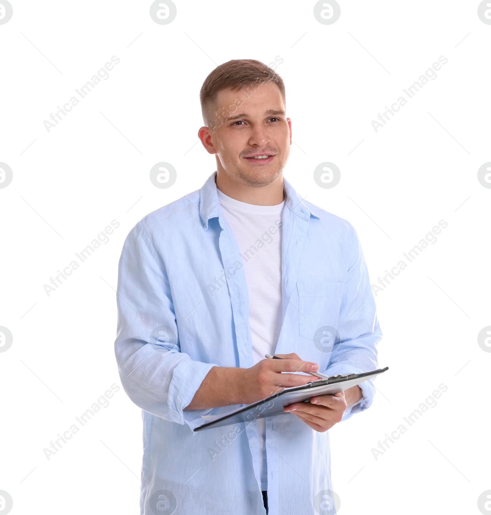 Photo of Smiling psychologist with clipboard on white background