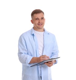 Photo of Smiling psychologist with clipboard on white background