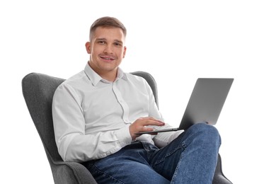 Photo of Smiling psychologist during online session by laptop sitting on armchair against white background