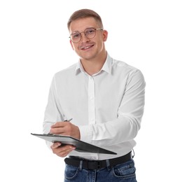 Photo of Portrait of smiling psychologist in glasses with clipboard and pen on white background