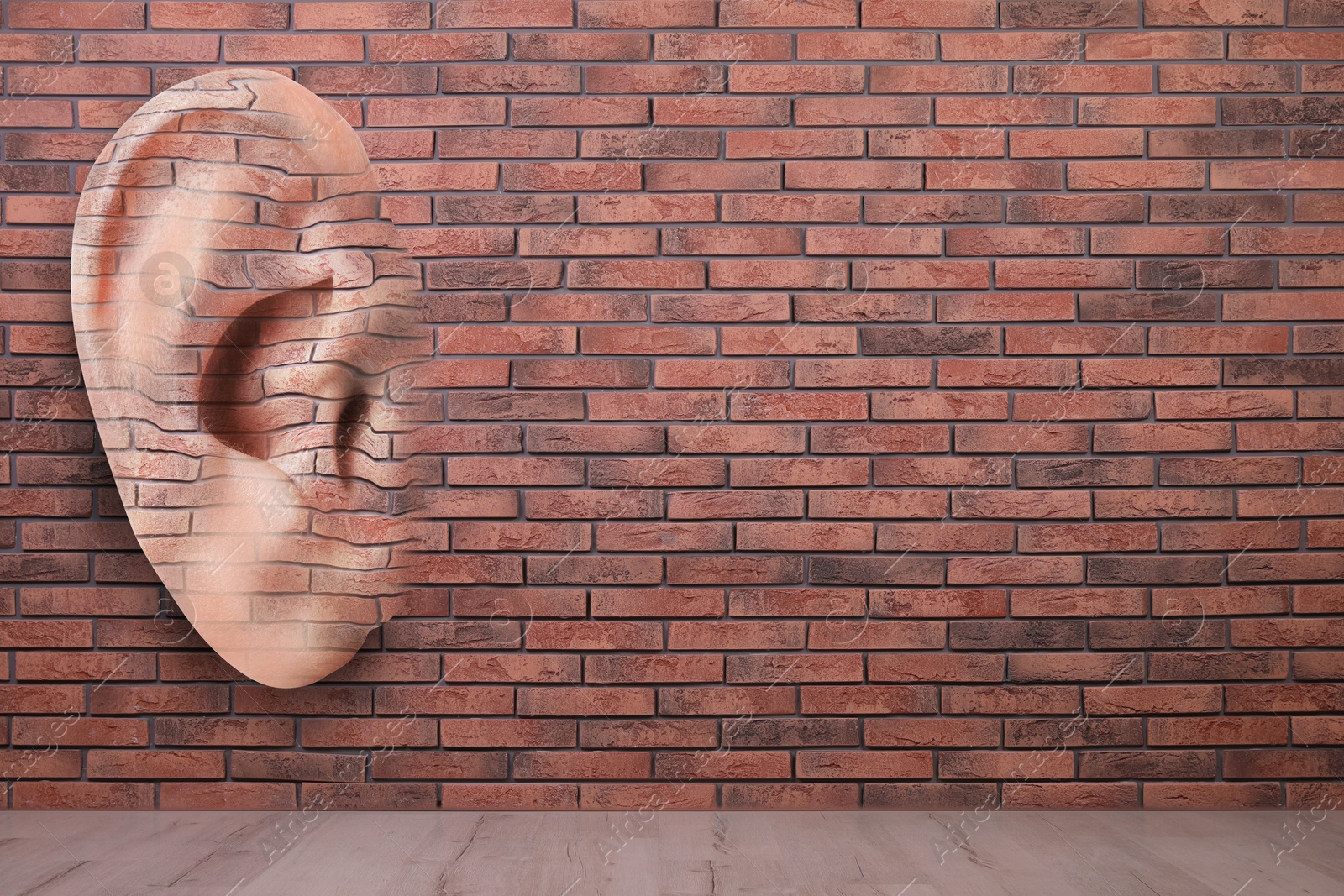 Image of Human ear in brick wall, space for text. Eavesdropping, concept that even walls have ears