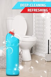 Image of Toilet cleaner promotion poster. Bottle of product and bubbles in bathroom