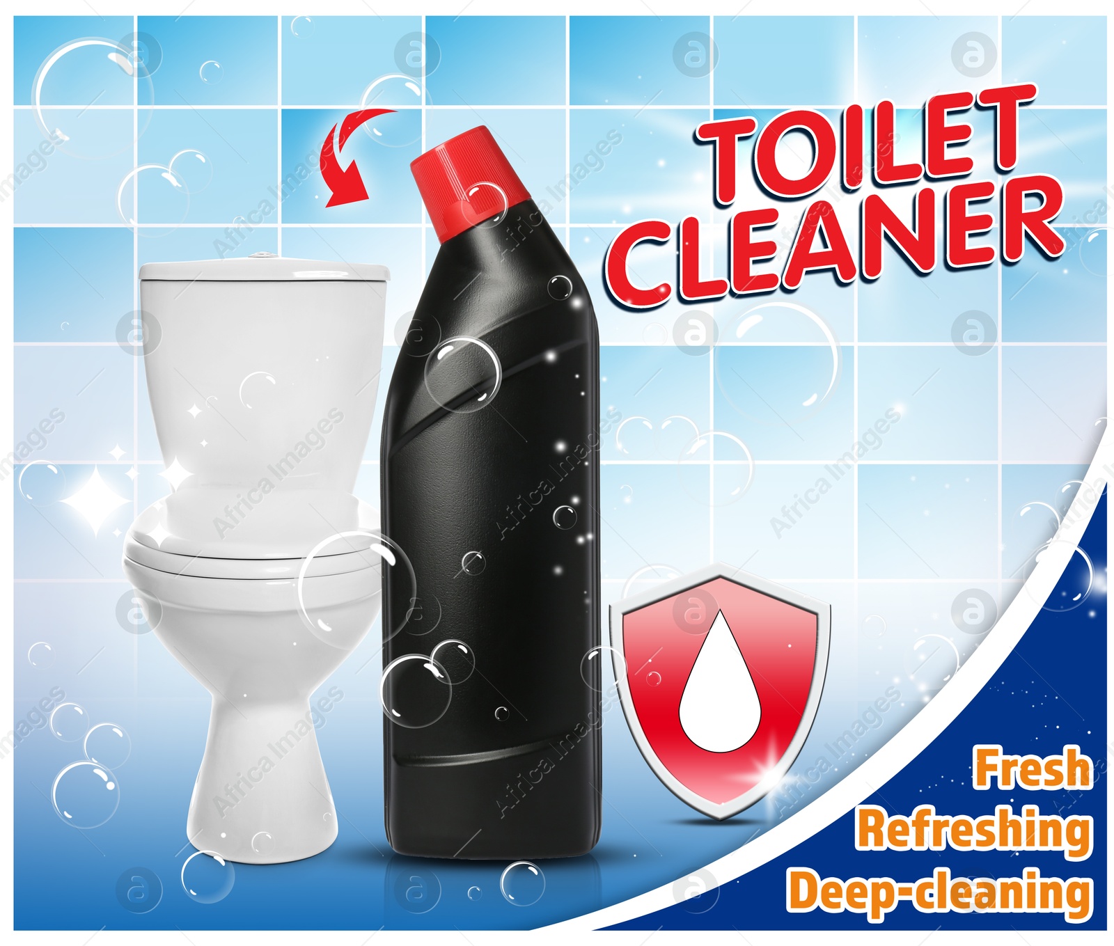 Toilet cleaner promotion poster. Bottle of product, bubbles and toilet against tiled background Image of Toilet cleaner promotion poster. Bottle of product, bubbles and toilet against tiled background