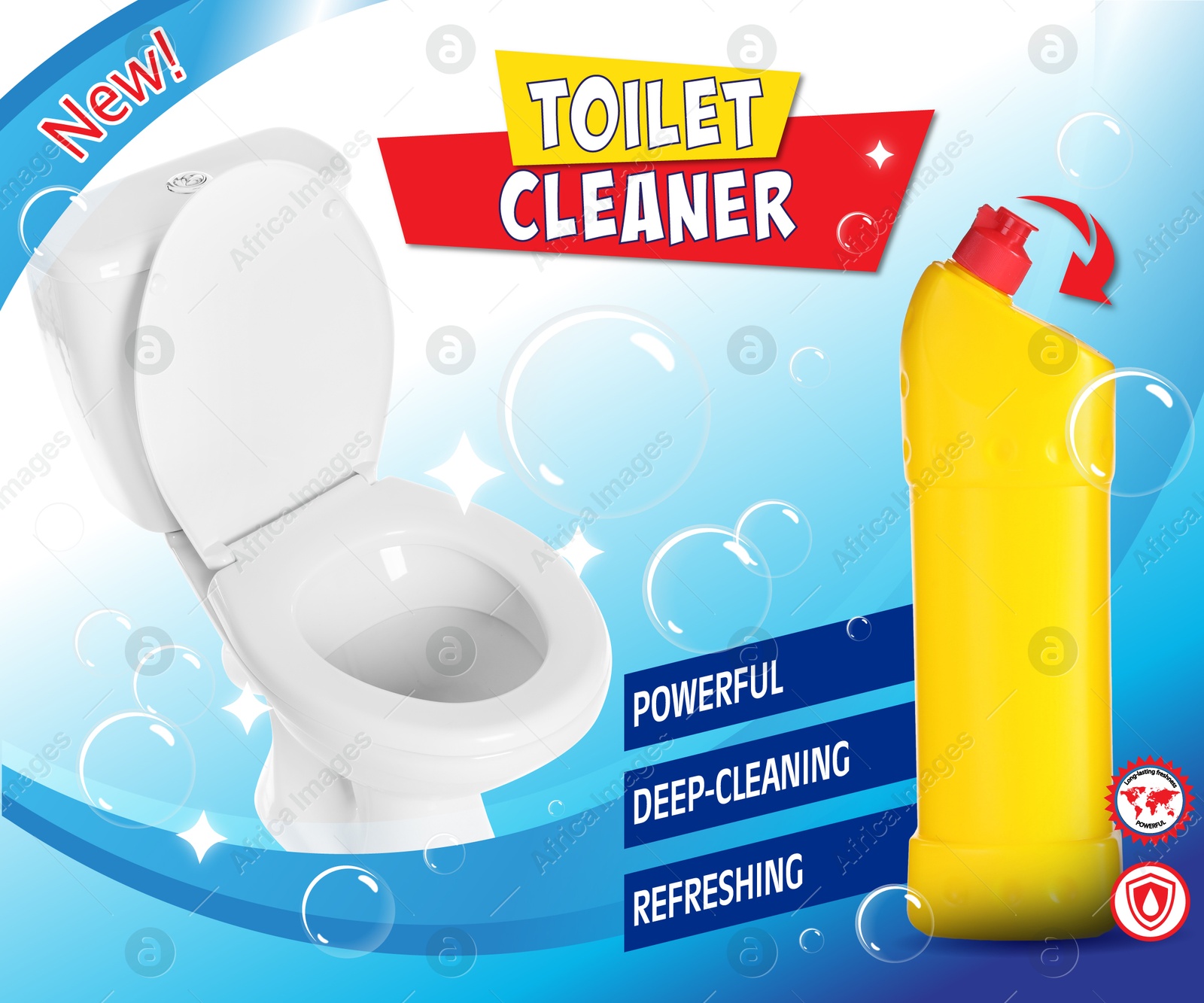 Toilet cleaner promotion poster. Bottle of product, bubbles and toilet against light blue gradient Image of Toilet cleaner promotion poster. Bottle of product, bubbles and toilet against light blue gradient