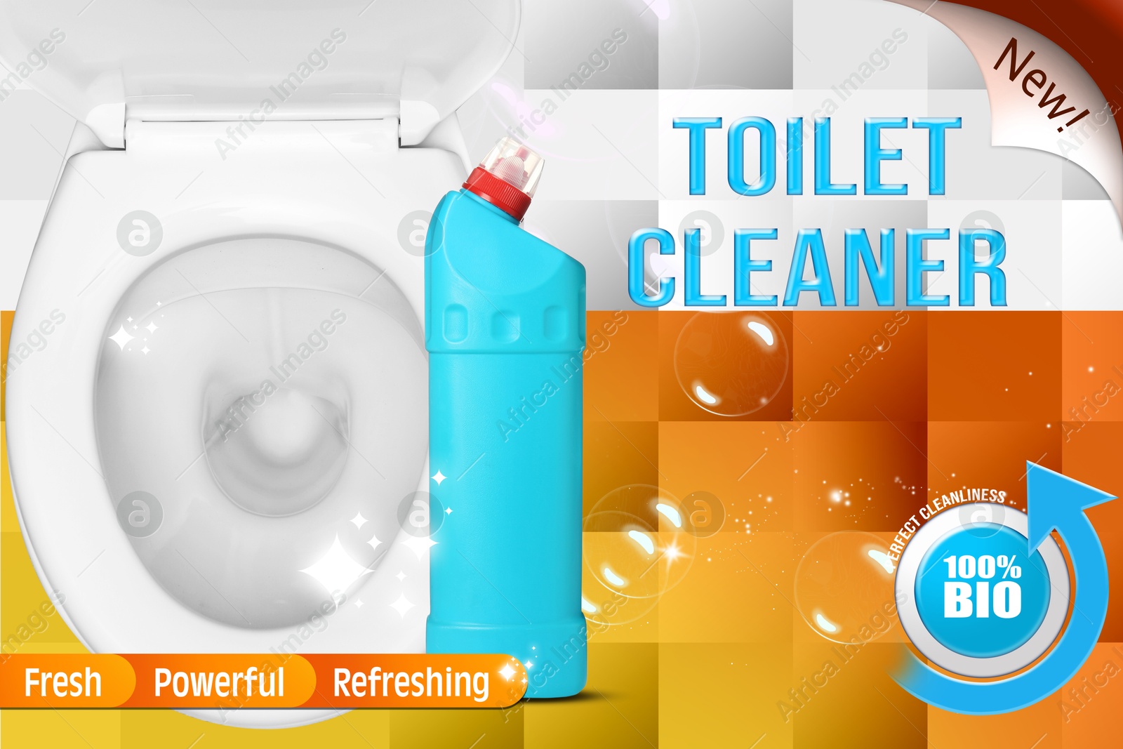 Toilet cleaner promotion poster. Bottle of product, bubbles and toilet against tiled background Image of Toilet cleaner promotion poster. Bottle of product, bubbles and toilet against tiled background